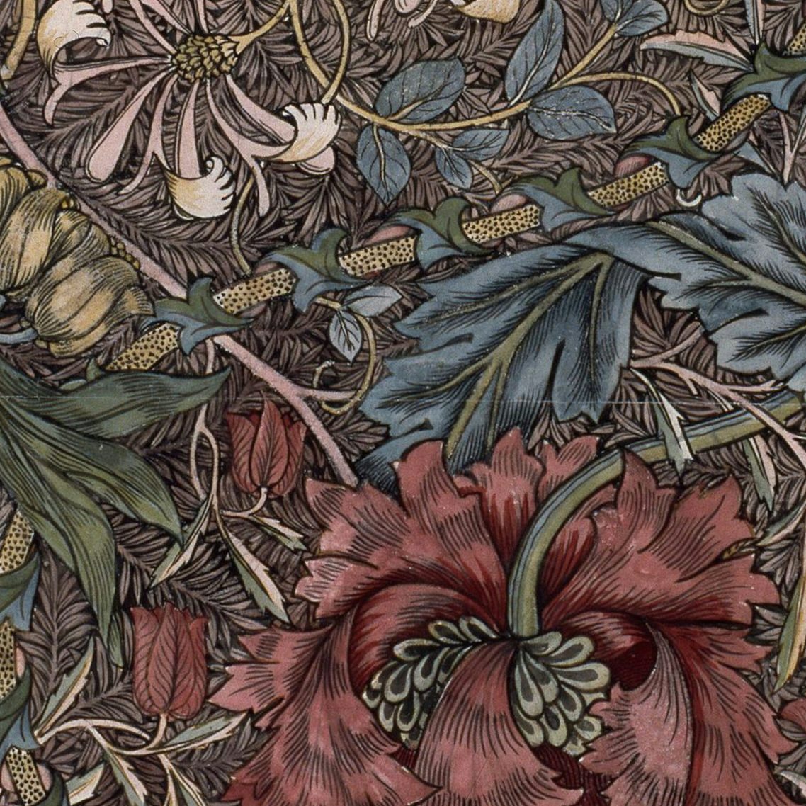 Diseño floral con hojas y diversas flores en tonos vibrantes sobre fondo oscuro.